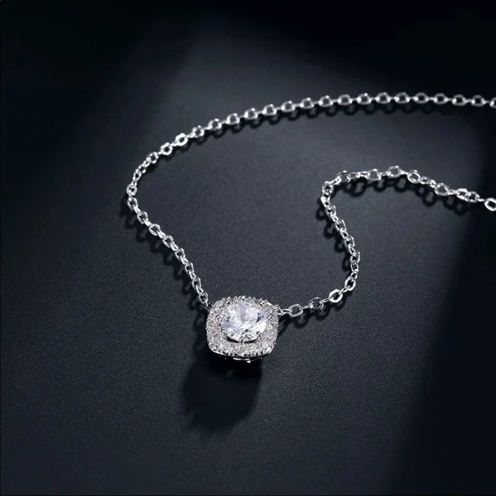New Square 925 Silver Diamond Necklace - Picture 5 of 6